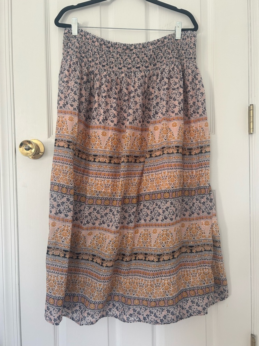 J.Jill Boho Floral Midi Skirt Smocked Waist Cotton L